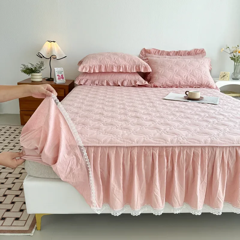 

2024 new yarn-dyed washed cotton mattress type bed skirt padded cotton pure cotton lace mattress universal in all seasons