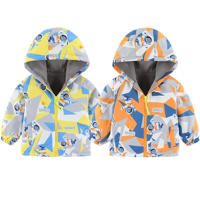 Kids Spring Autumn Hooded Jacket Thickened Waterproof and Warm Coats Cartoon Print Windbreaker Zipper Outdoor Casual Outerwear