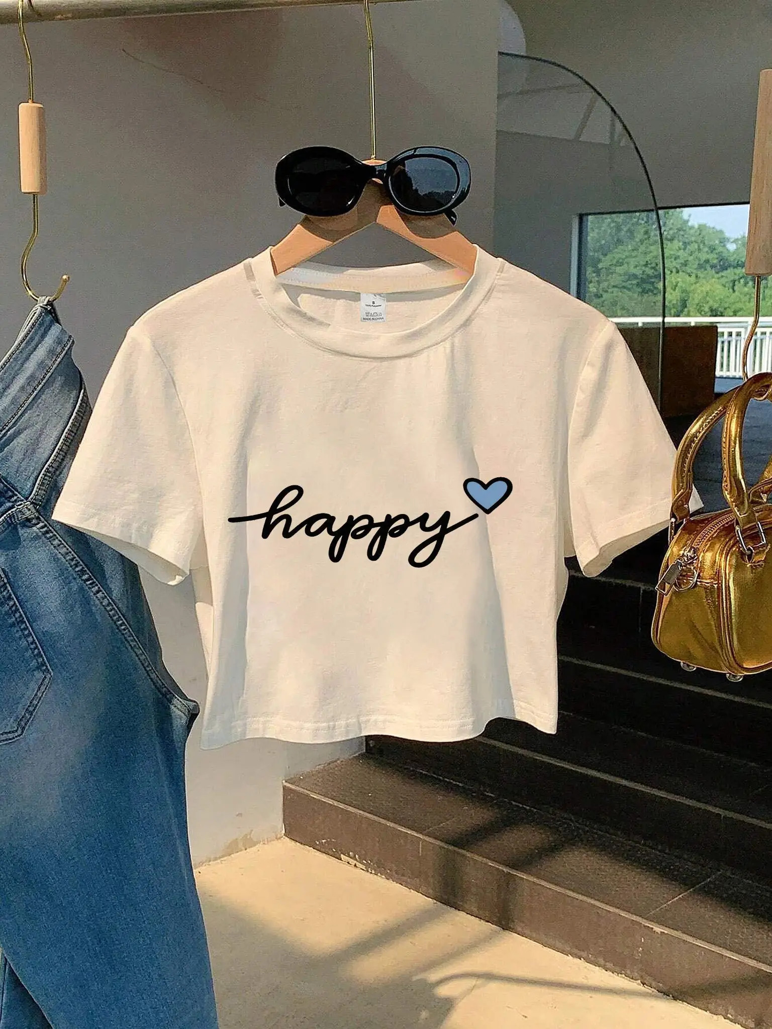 Happy Cursive White Cropped with Small Blue Heart Jeans Black Fashion Glasses Golden Handbag Harajuku Sleeve Aesthetic Clothes