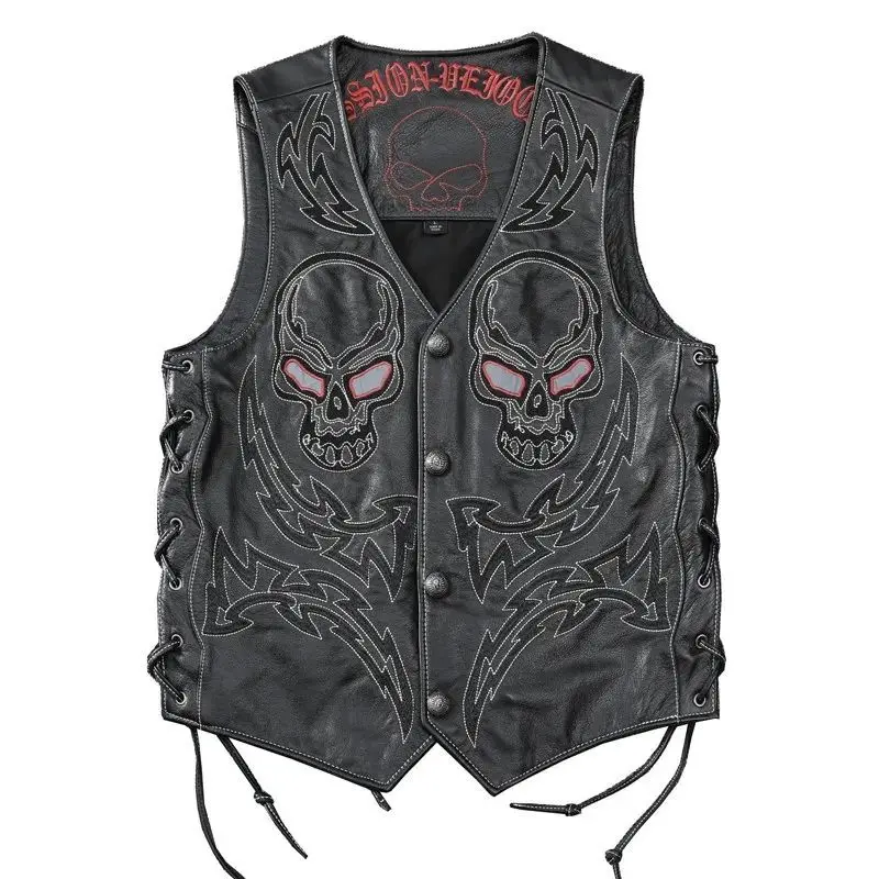 Black Four Seasons Leather Vest Men Plus Size 4XL Genuine Natural Cowhide Skull Embroidery Pattern Single Breasted Vest