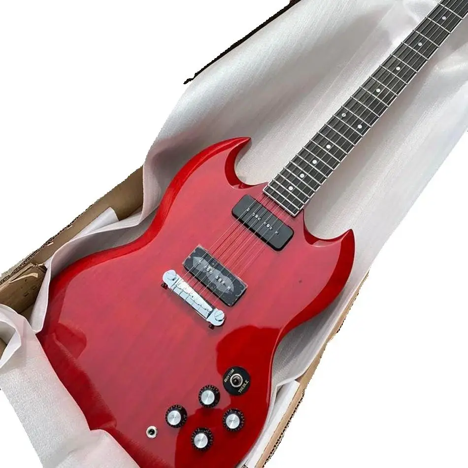 Transparent red ebony fingerboard electric guitar, wrapped around the bridge