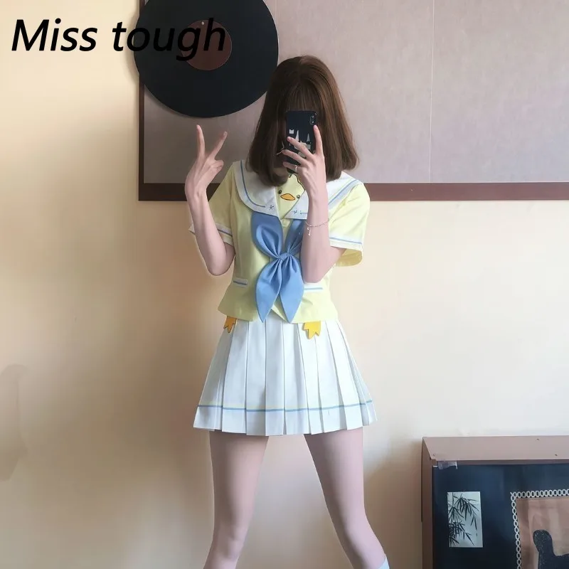 Japanese Kawaii Sailor Collar Women 2 Piece Set Yellow Duck Bow Pleated Skirt JK Preppy Style Sweet Casual Y2k Suits Streetwear