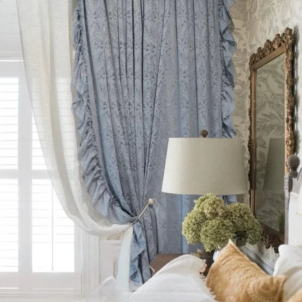 BlueTulle Curtains for Living Room Luxury Bedroom French Retro Hollow Lace Dining Room Girl's Lace Transparent Opaque