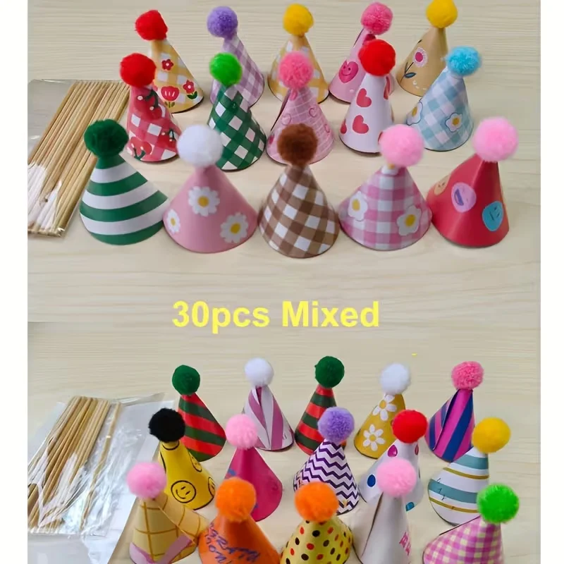 30 Stück Mini Bunte Partyhüte Geschenkdekoration Tortendekoration Dessertflaggen für Hochzeit Kindergeburtstag DIY Deko Babyparty – Detail 9