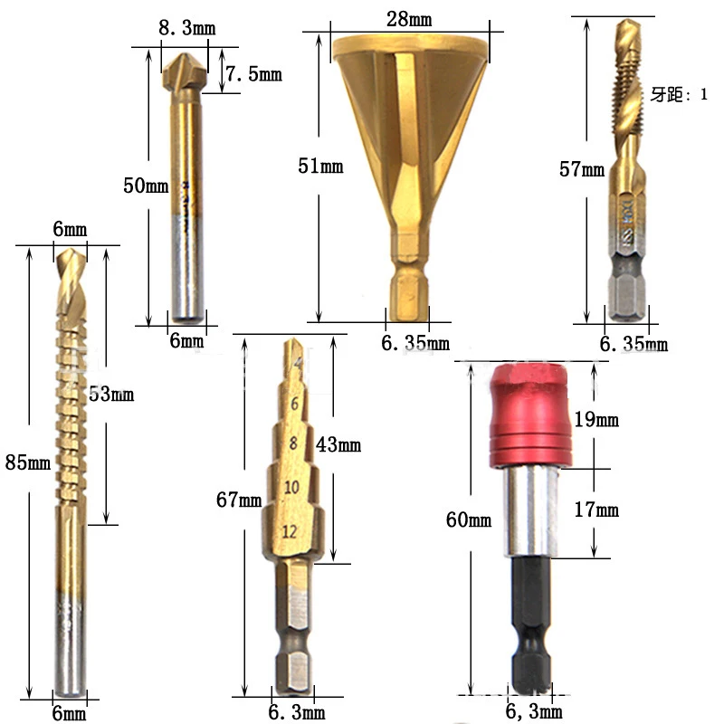 Juego de Brocas HSS recubiertas de titanio, brocas de chaflán, tornillo de rosca, madera, Metal, plástico, sierra de agujero, herramientas para carpintería, 6 piezas