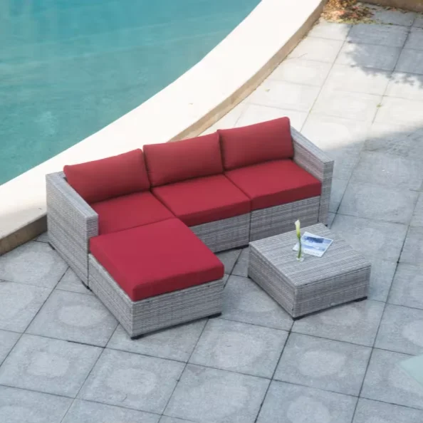 

5-Piece L-shaped All-Weather Wicker Outdoor Furniture Water-Resistant Cushions for Patio Backyard Pool-for Hotels