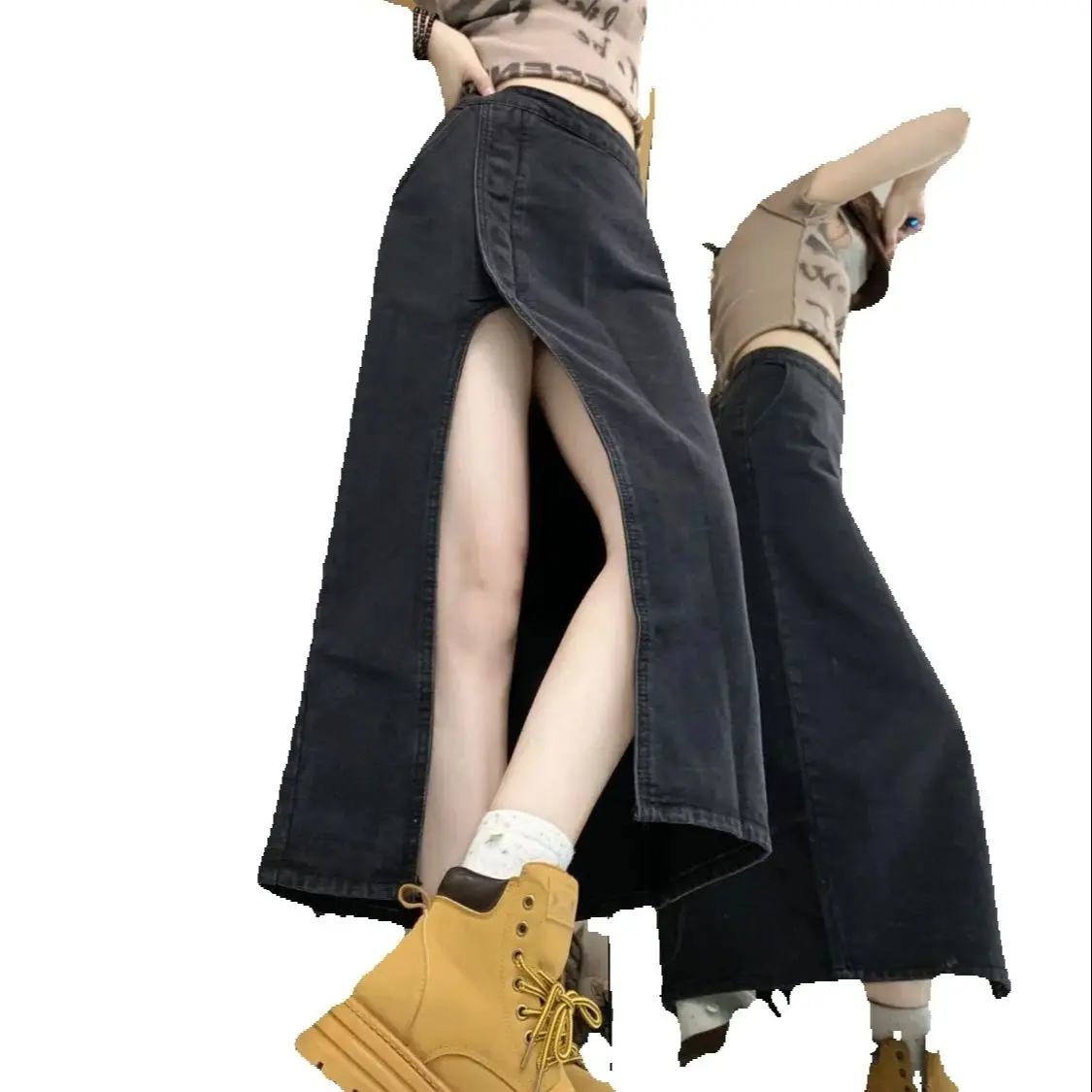 High Waist Slit Irregular Denim Skirt Women 2025 Spring New Versatile Design Mid-Length A-Line Hip Skirt