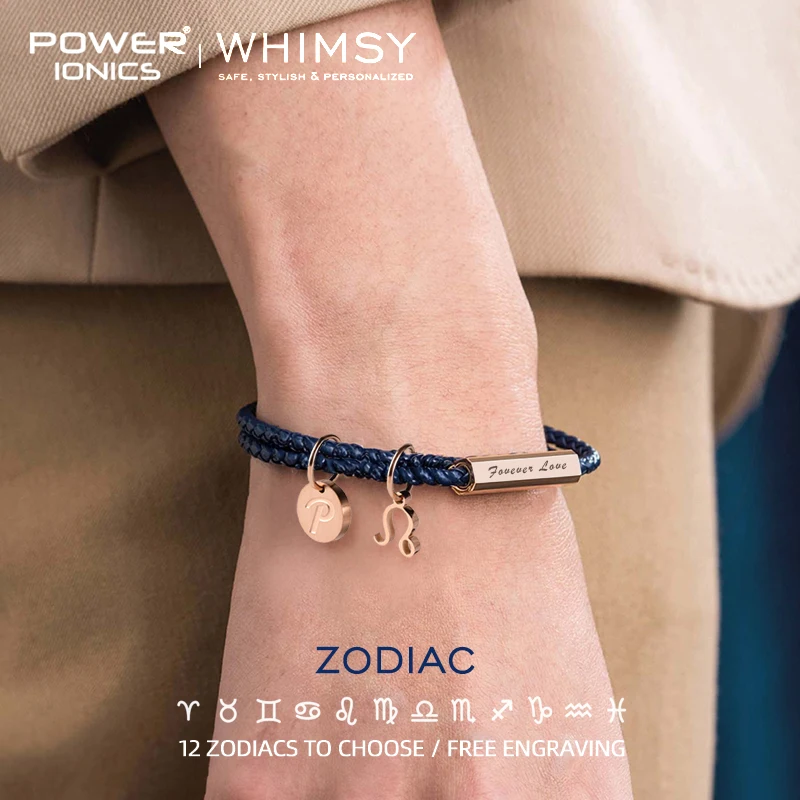 POWER IONICS WHIMSY 12 Zodiacs Series Men Women Genuine Leather Wrap Charm Bracelet Birthday Day Gifts Free Custom Engraving