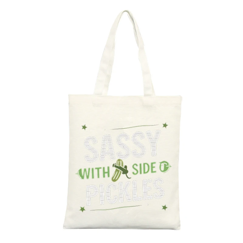 Canvas Tote Bag with Pickle and Typography Print, Casual Style for Daily Shopping and Outings