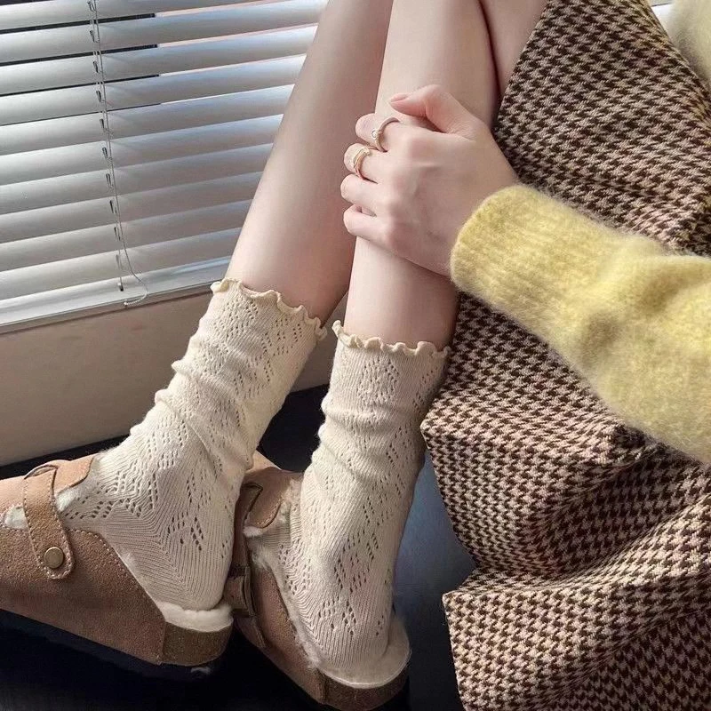 

Lovely Wooden Ear Edge Pile Middle Tube Socks Women INS Style Kawaii Light Luxury Solid Color Ruffles Harajuku Cute Socks