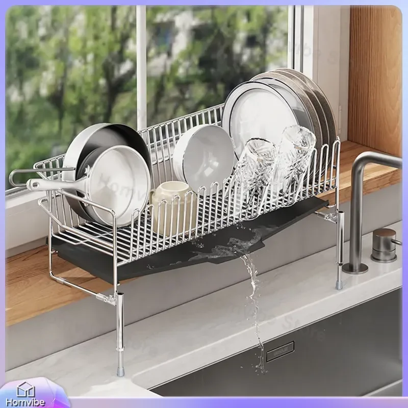 Adjustable 304 Stainless Steel Kitchen Window Sill Bowl Rack Sink Drain Shelf Dish Cutlery Storage Organizer