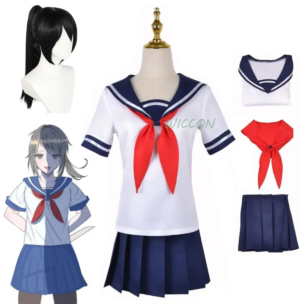 

Game Yandere Simulator Ayano Aishi Cosplay Costume Top Skirt Bow Tie Wig Full Set Girls Role Play JK Sailor Uniform Halloween