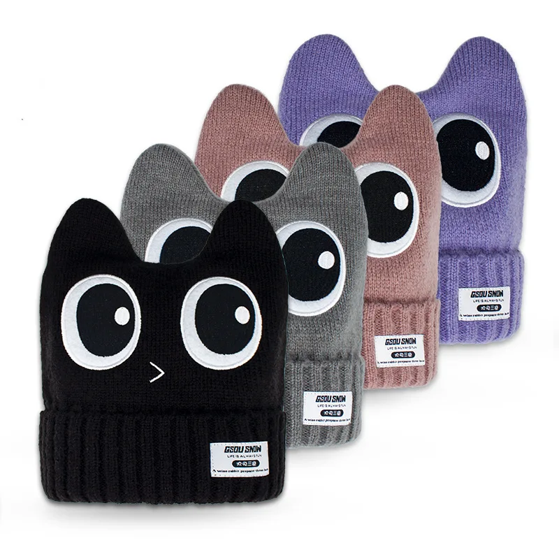 New Knitted Ski Hat Thickened Keep Warm Ear Protection Cycling Hats Windproof Cartoon Big Eye Hat Winter Sports Accessories