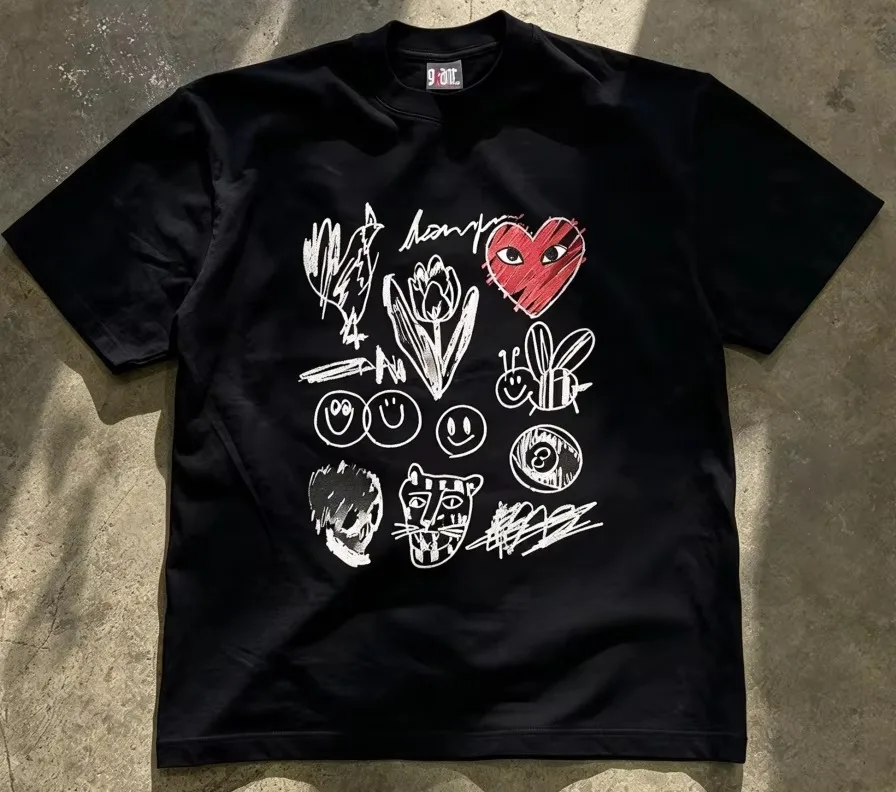 2026 Men Hand Drawn Doodle Graphic T Shirt Crew Neck Short Sleeve White Casual Streetwear Tees