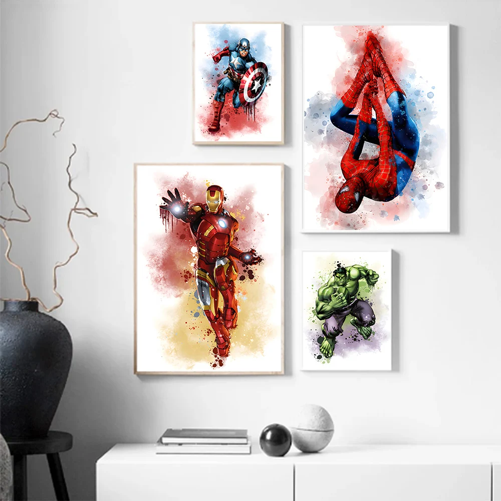 MINISO Marvel película vengadores acuarela lienzo carteles Spiderman Iron Man Hulk arte de la pared del hogar pintura impresiones decoración de la
