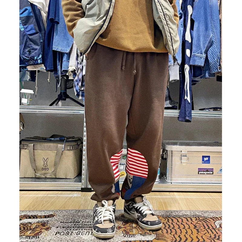 Japanese Retro Heavy Weight Cotton Sanitary Pants Ethnic Style Water Drop Splicing Elements Men's Elastic Waist Casual