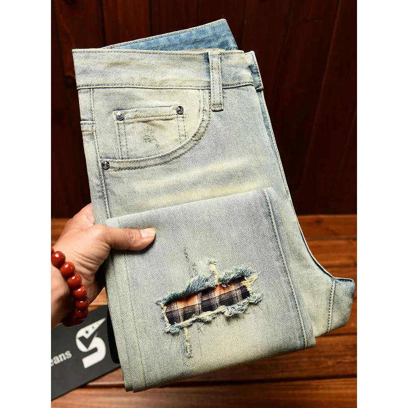 2025 الصيف رقيقة ملابس للرجال العلامة التجارية العصرية التخسيس الساق الصغيرة الجينز الرجال خمر لكمات السراويل