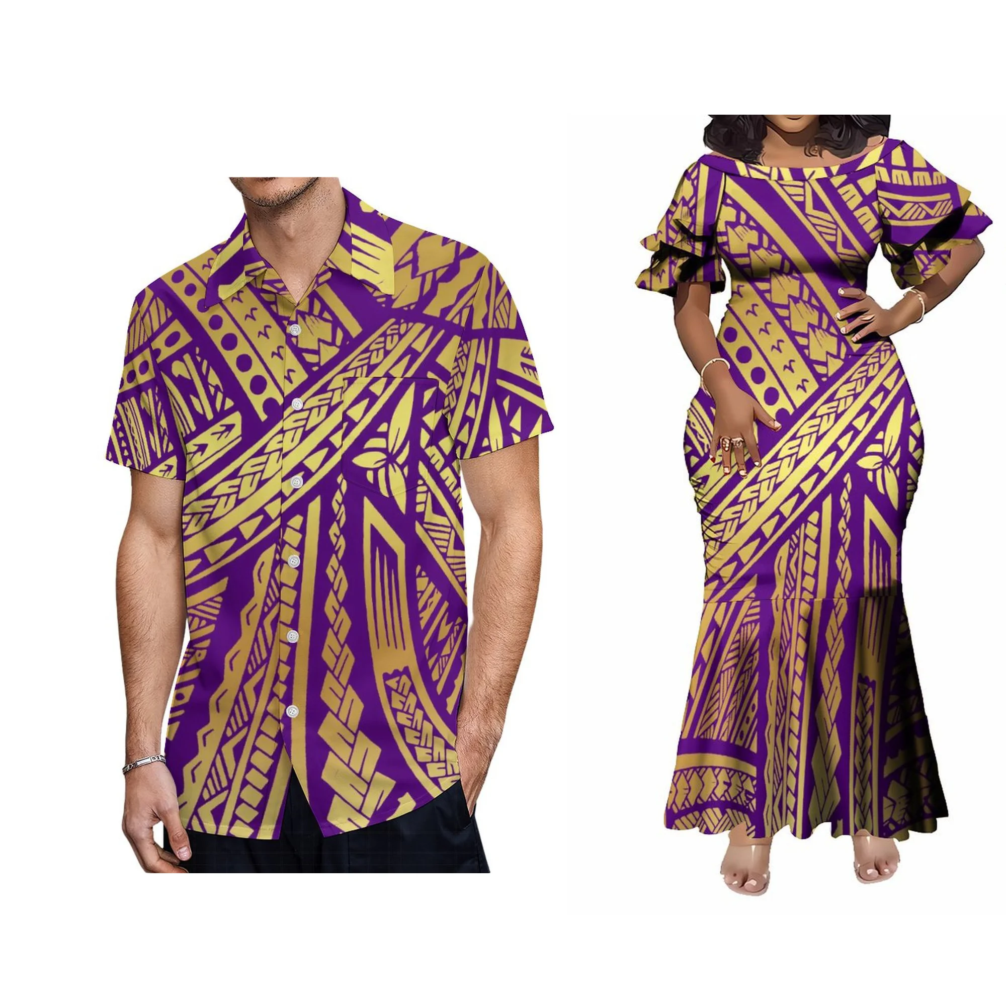 Verão tripulação-pescoço saia dupla camada com punhos babados samoan impressão design fino fishtail vestido polinésia vestido feminino
