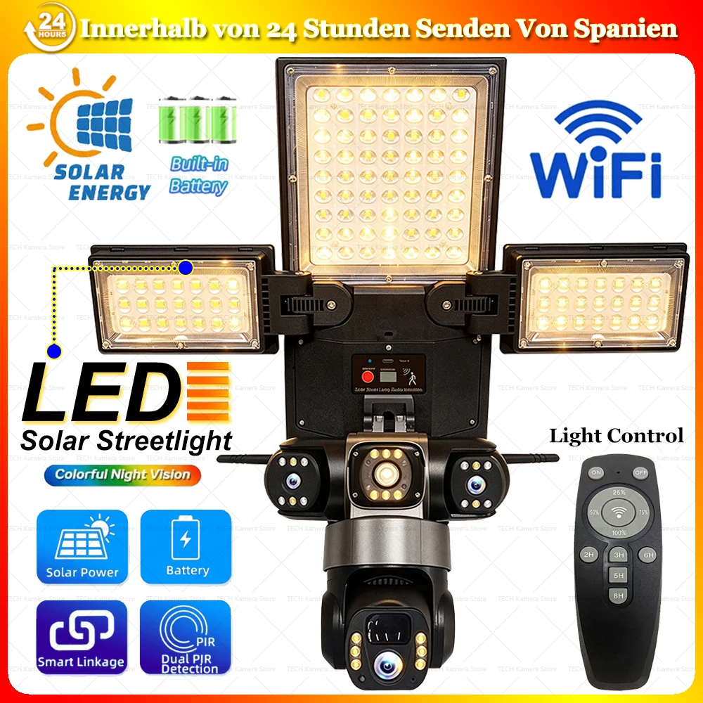 WiFi-Solarkameras mit eingebautem Akku 2-in-1 LED-Solarstraßenleuchte Outdoor-Sicherheitsschutz IP-Solar-CCTV Smart Home PIR-Bewegungserkennung Drahtlose Fernbedienung Solar-WiFi-Kameras
