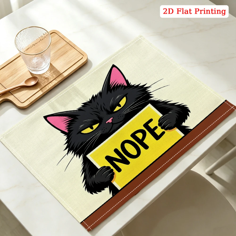 Black Cat Holding Nope Sign Kitchen Placemat Coaster Linen Pad Dish Coffee Cup Table Mat 30x40cm Home Decor