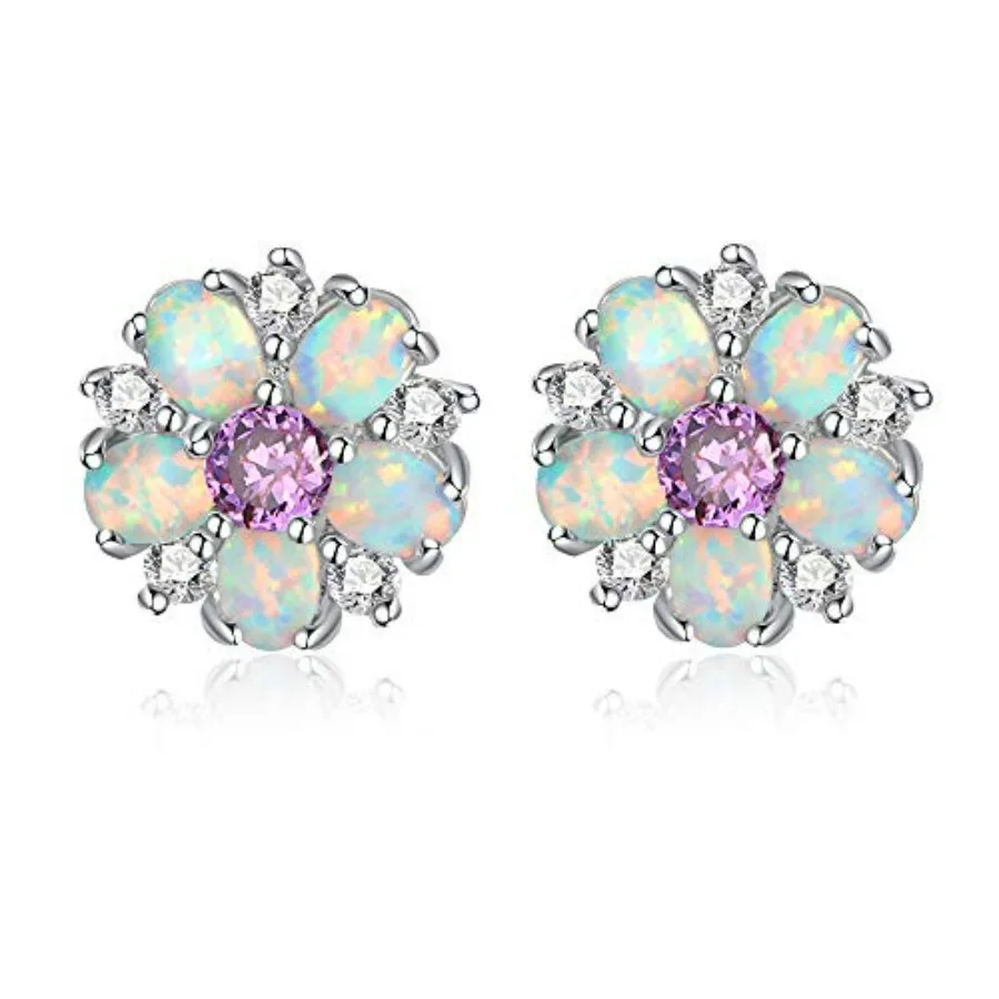 

CiNily Flower Earrings, Opal Stud Earrings Sterling Silver or White/ Plated Ladies Flower Stud Earrings Cute Unique Earrings fo