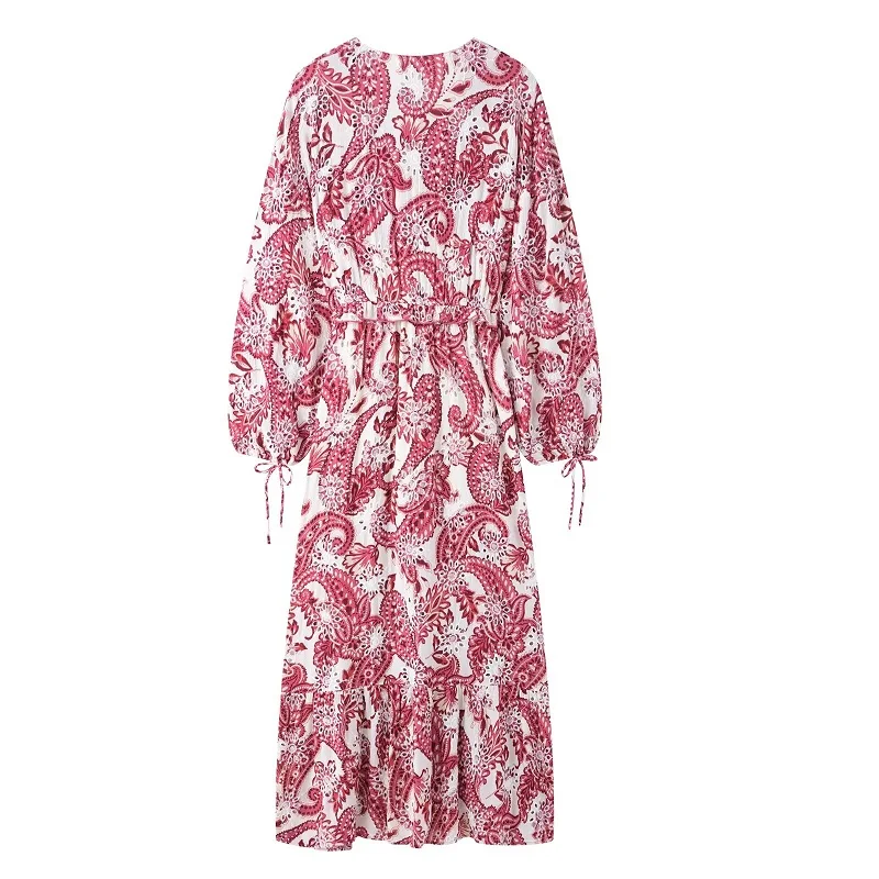 MUJER Abiti lunghi ricamati con stampa per donna Abito longuette Boho con cutwork Abito estivo da donna a maniche lunghe Abito da spiaggia casual