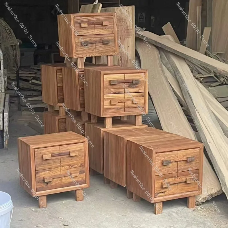 Rustic Solid Elm Wood Nightstand Bedside Storage Cabinet Vintage Wabi Sabi Home Furniture Low Corner Table Retro Bedroom