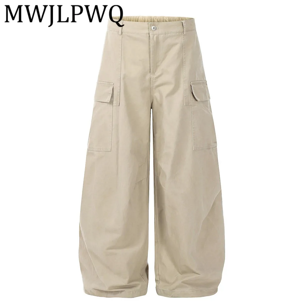 

MWJLPWQ American Machete Men's Wide Leg Pants Hip Hop Street Solid Color Pleated Design Loose Large Pocket Cargo Trousers 12713