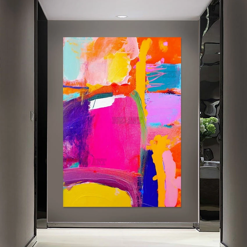 Rainbow Colorful Palette Knife Acrylic Abstract Pure Handmade Oil Painting Decorative Modern Large Wall Panel Set For Hotel