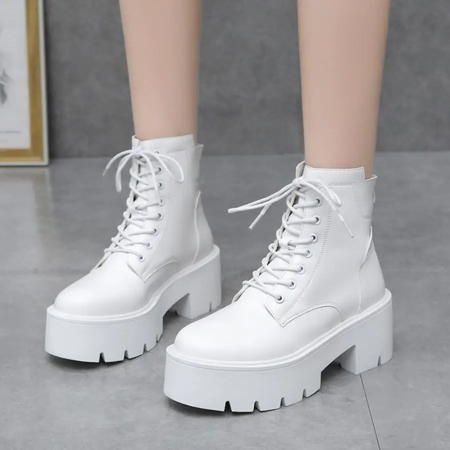 

Autumn Winter Women Ankle Boots Waterproof Platform Lace Up Thick Heel Short Boots Fashion 6cm High Heel Leather Botas for Women