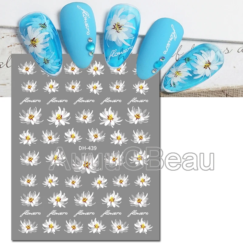 Nail Art 3d Back Glue Stickers Elegant White Blooming Florals Flowers Decals For Decoration Salon Beauty