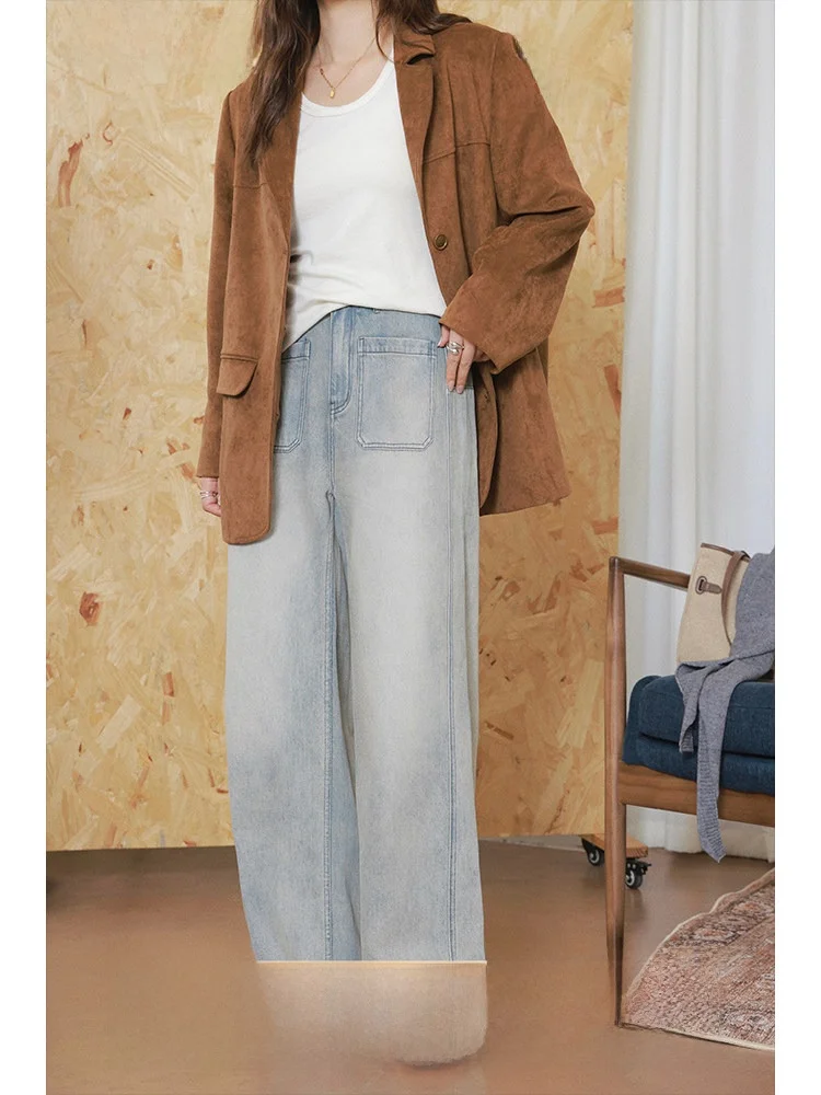 

High Waist Wide Leg Jeans Slim Straight Pants plus Size Women's Faion Comfortable Cotton Zipper ket Ladies Autumn