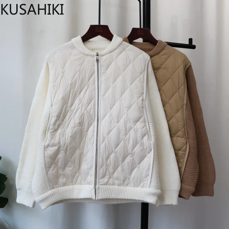 KUSAHIKI 2024 New Autumnwinter Lightweight Patchwork Parkas Coat Knitted Cardigan Causal Zipper Sweater Jacket for Women