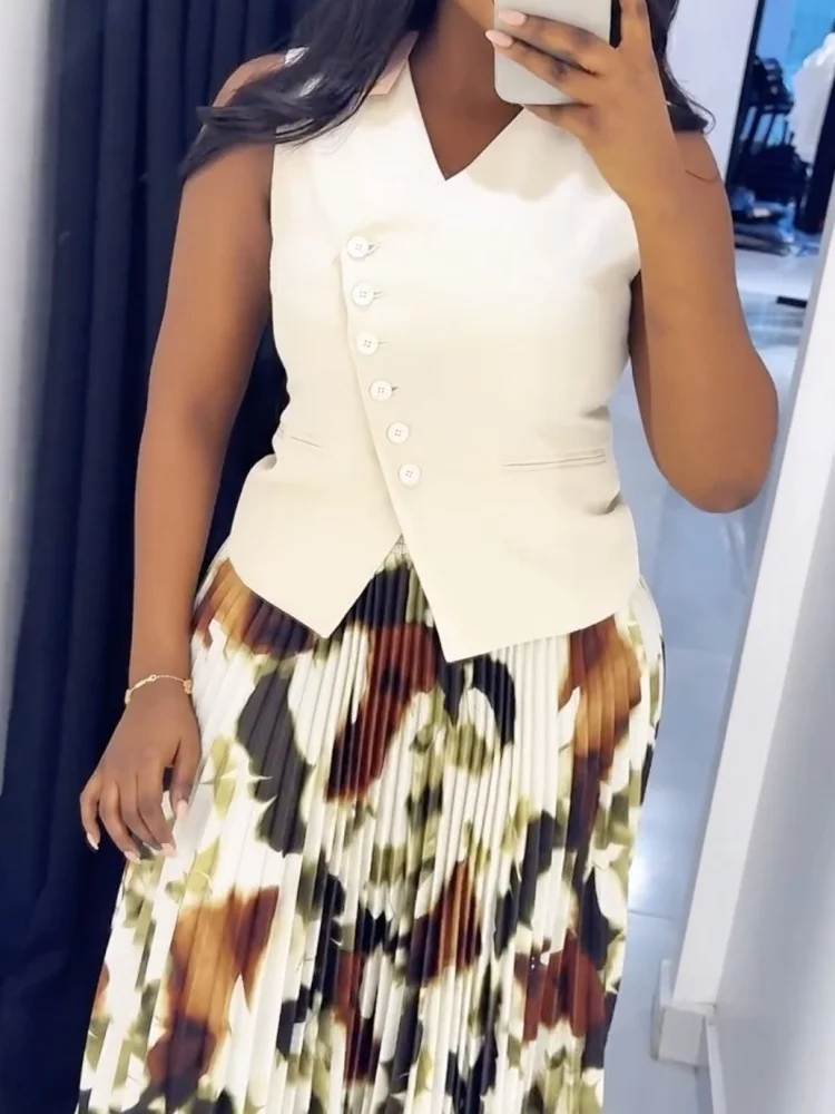 

Wmstar 2025 New Women Fashionable Summer Long Refreshing Sweet Dress Sets V Neck Button Waistcoat Printed Pleats Zipper