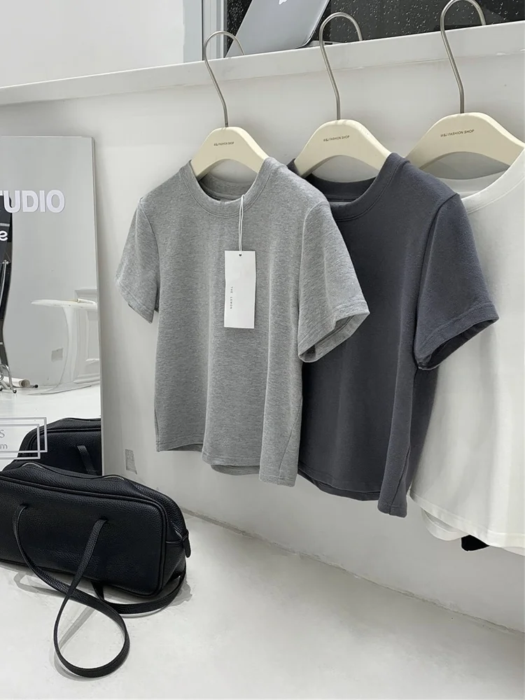Ariti American Style Pure Color Grey Basic Kurzarm-T-Shirt für Damen, locker, schlicht, Sommer-Top, Street-Style, Rundhalsausschnitt, kurz...
