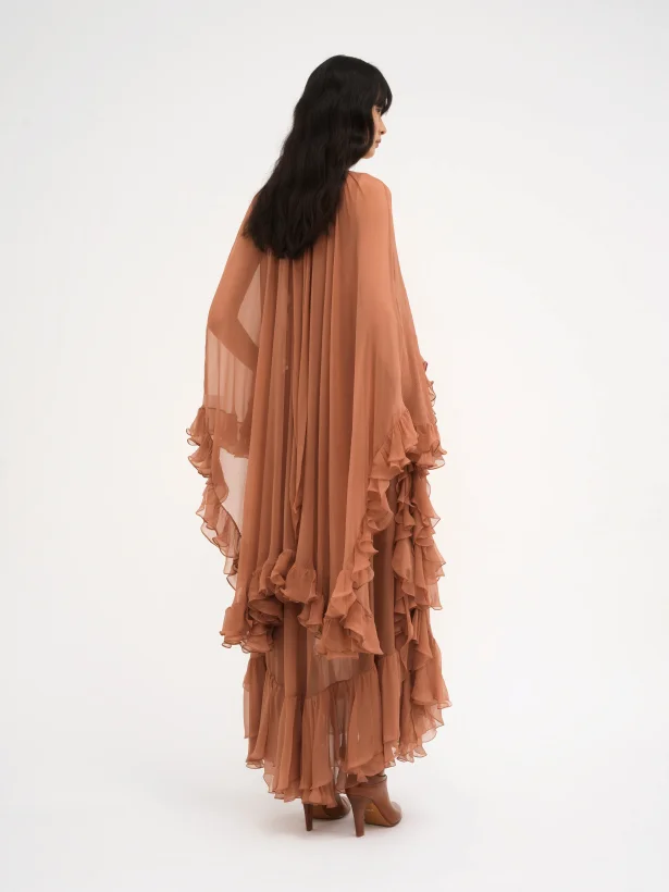 Abóbora vestido de baile capa manga chiffon babados vestidos formais vestidos de noite drapeados alta costura 2 peças vestidos de baile longo