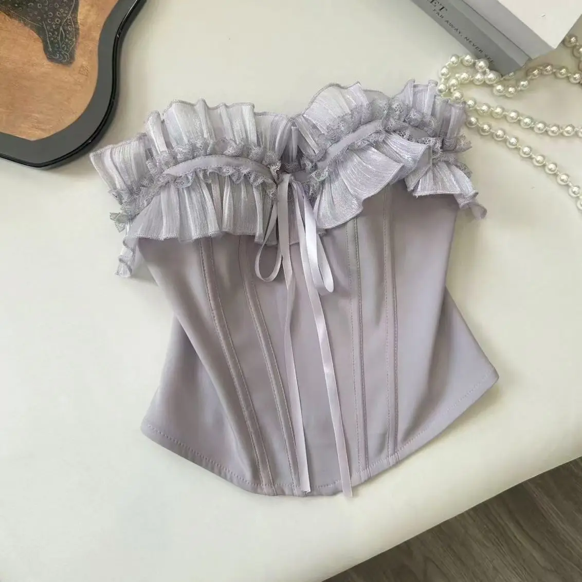 Misty Purple Ruffled Strapless Waist-cinching Top Falbala Corsage Bowknot Boob Tube Top Elegance