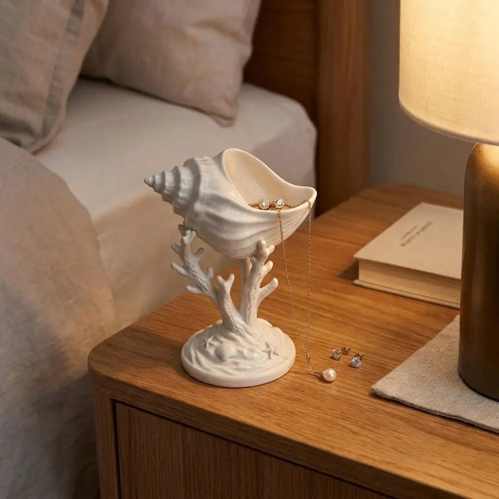 3D Printed Conch Goblet Ornament Mini Decorative White Coral-Shaped Jewelry Tray Ocean Style Plastic Seashell Tabletop Statue