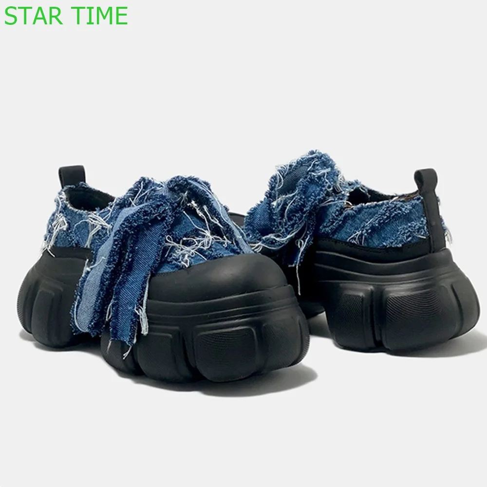 

Platform Round Toe Denim Mary Janes Blue Fashion Women Shoes 2024 Spring New Casual Outdoor Loafers