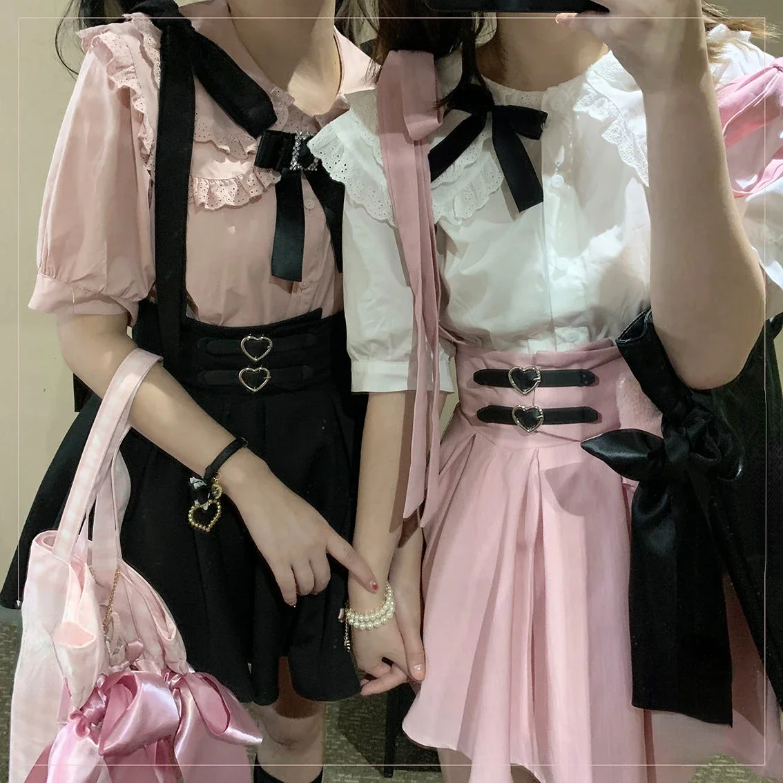 Japanese Sweet Lolita Short Suspender Skirt Woman Girls Cute Lace Puff Sleeve Kawaii Ruffles Bow A-Line Mini Skirts