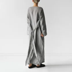 Fall Long Sleeve Loose Cotton Linen Dress Women 2024 Fashion Casual Solid New Lace-up Bow Maxi Dresses Elegant Vestidos