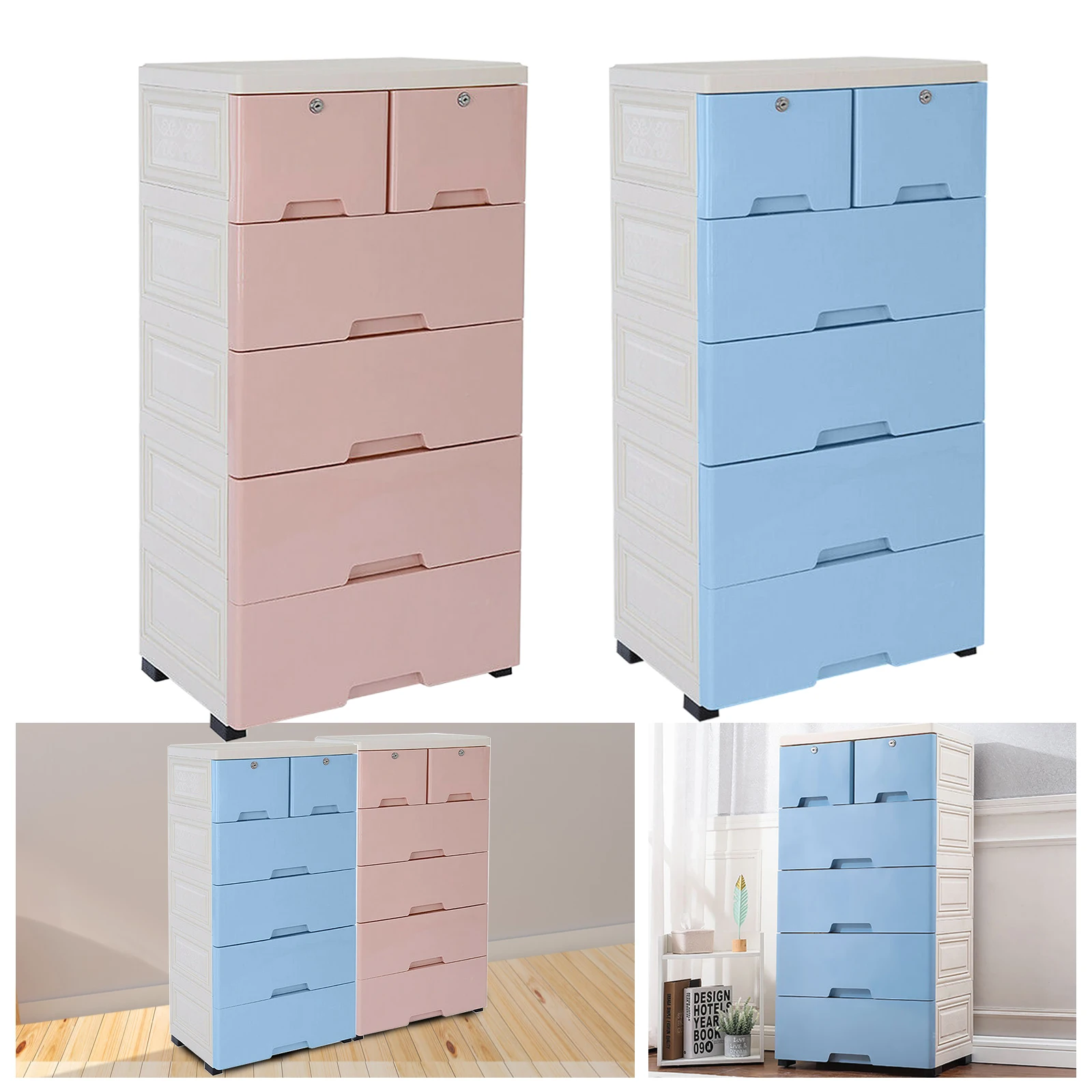 

Pink and Blue Drawer Plastic With Wheels Storage Cabinet Tower Closet Organizer Box