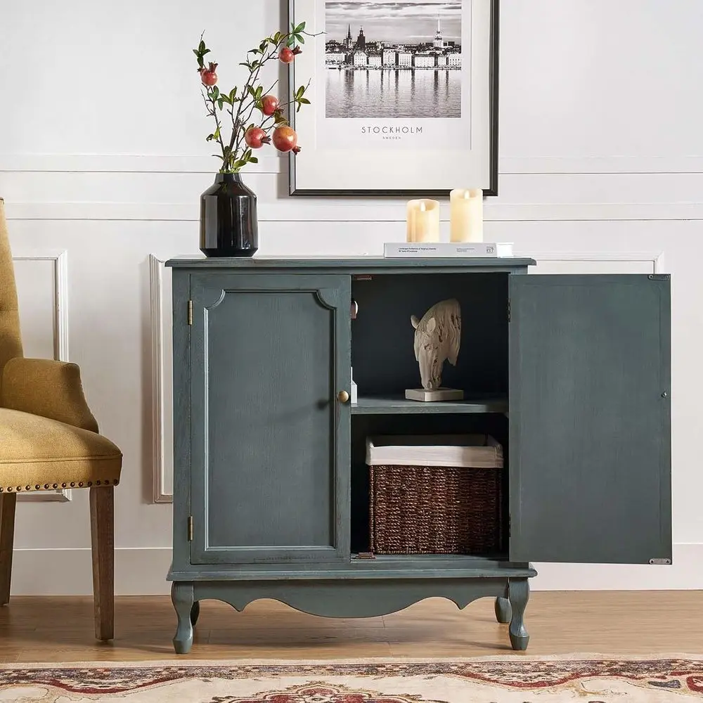 

Винтажный синий шкаф с 2 дверцами, местом для хранения и 2 полками, для использования в качестве буфета или в гостиной