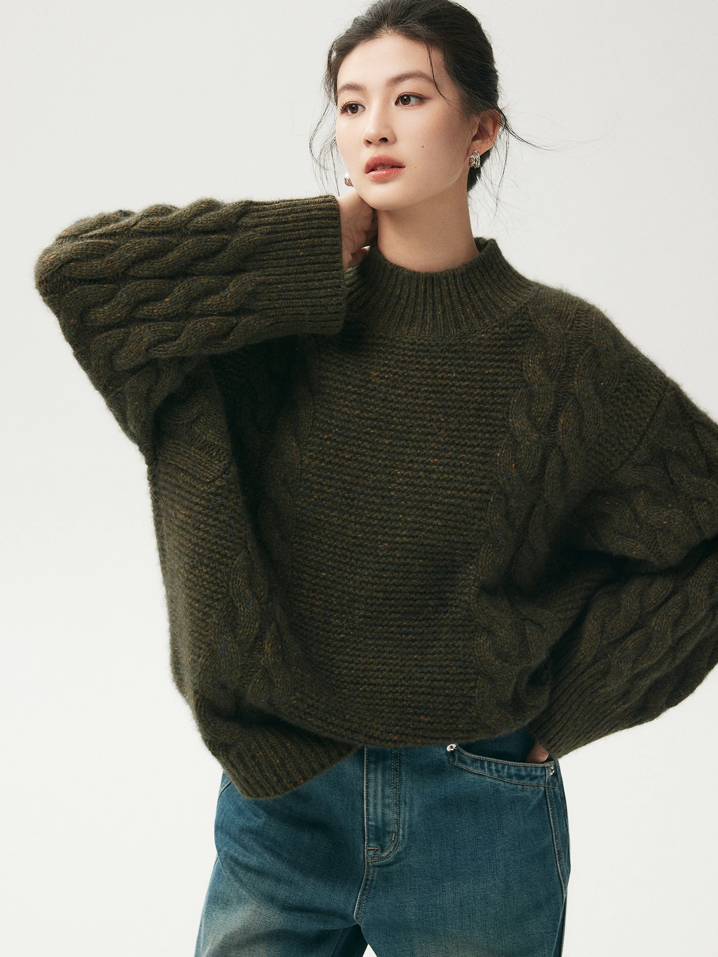 Women 100% Cashmere Pullover Autumn Winter Mock Neck Loose Fit Long Sleeve Sweater Thick Soft Warm Knit Top