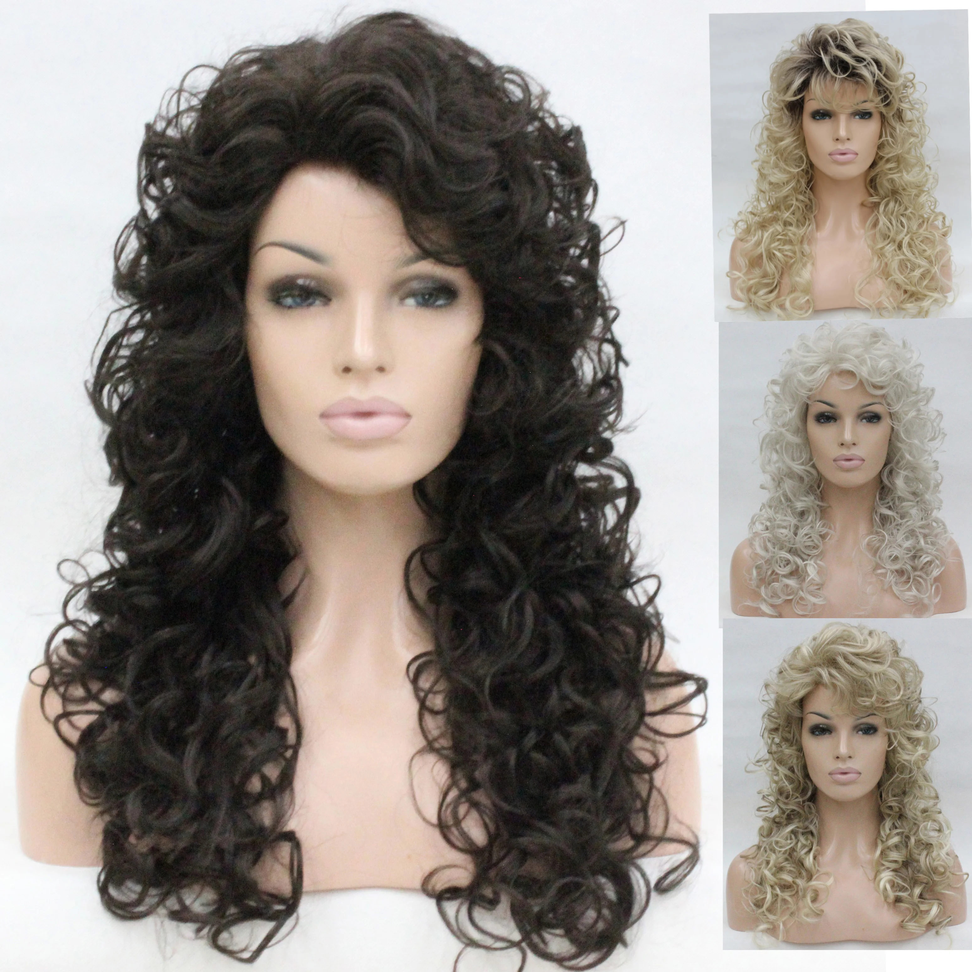Long Curly Ombre Blonde Wigs Black/Brown/White blonde Synthetic Fluffy Hair Natural Wig for Women