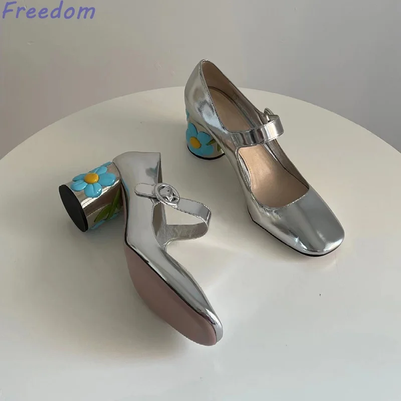 Laser silver sunlight reflective giant looks cute square toe Mary Jane high heeled flower heel shoes