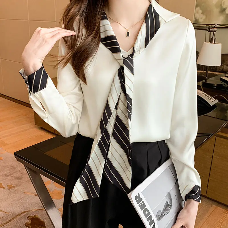 2023 New Spring and Summer Fashion Commuting Minimalist V-neck Patchwork Striped Tie Up Top Loose Temperament Professional Shirt