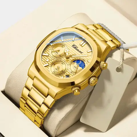 CHENXI Gold Men's Multifunction Watch with True Three Sub-dials Six Hands Calendar Moon Phase Chronograph Quartz Movement Reloj