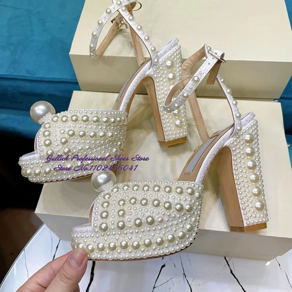 ALMUDENA White Pearls Chunky Heel Platform Sandals Full Beaded Jewelry Wedding Shoes Open Toe Buckle Strap Shinning Pumps