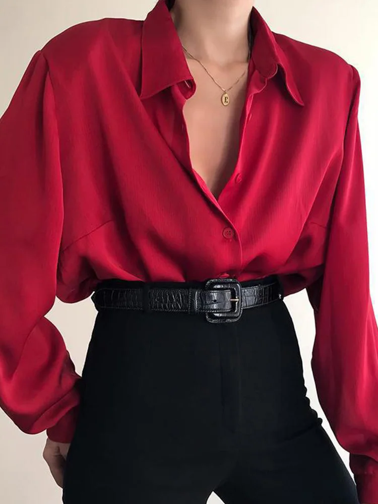 Blus kancing untuk wanita, Atasan kemeja kantor lengan panjang kasual longgar warna merah/anggur merah/hitam